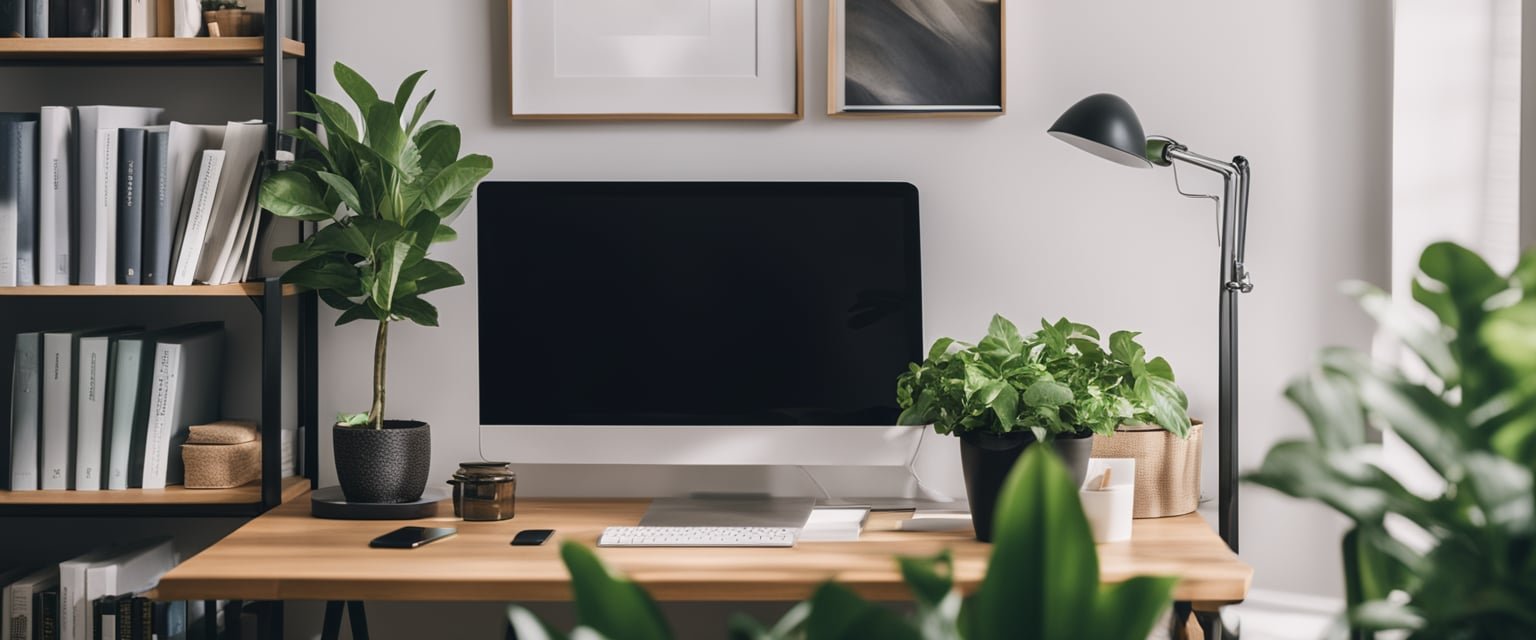 A cozy office with a comfortable chair, soft lighting, and a bookshelf filled with psychology books. A potted plant adds a touch of nature to the space